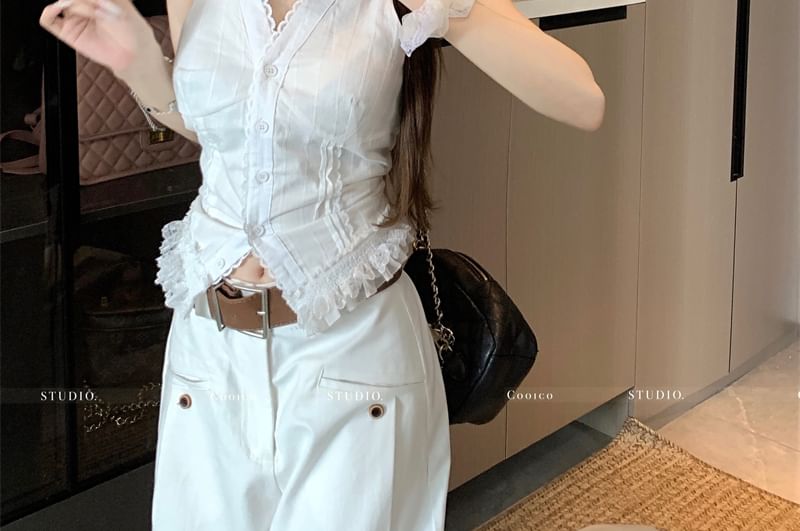 Plain Top V-Neck Trim Lace Slim Button Fit Tank