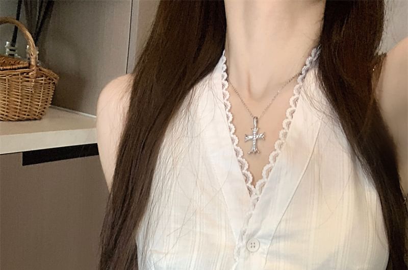 Plain Top V-Neck Trim Lace Slim Button Fit Tank