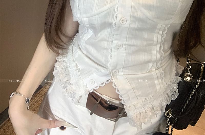 Plain Top V-Neck Trim Lace Slim Button Fit Tank