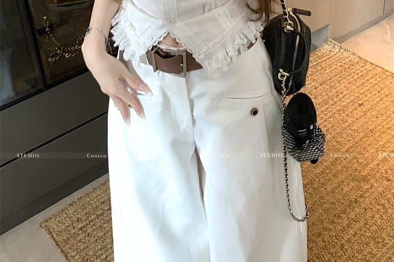 Plain Top V-Neck Trim Lace Slim Button Fit Tank