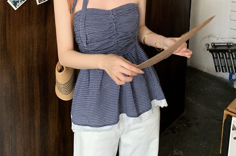 Ruched Plaid Peplum Lace Trim Tube Top