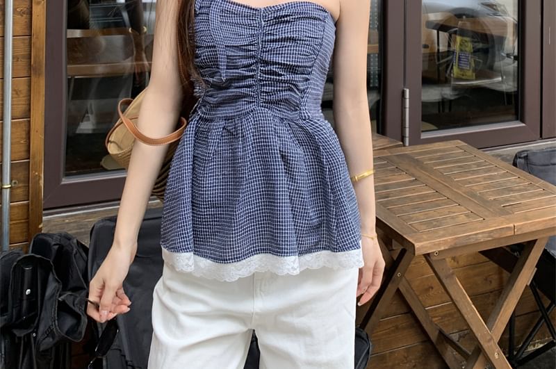 Ruched Plaid Peplum Lace Trim Tube Top