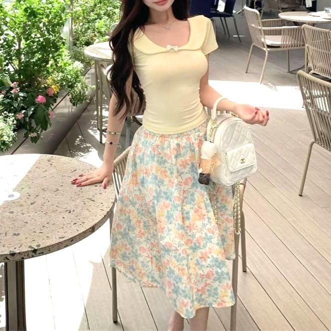 Neck Short-Sleeve A-Line Floral Elastic T-Shirt Skirt Fit Scoop Waist Midi Slim / Bow