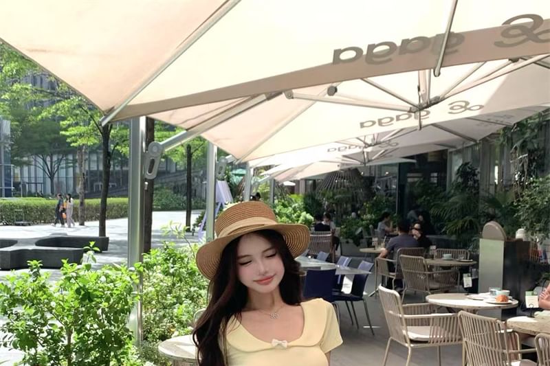 Neck Short-Sleeve A-Line Floral Elastic T-Shirt Skirt Fit Scoop Waist Midi Slim / Bow