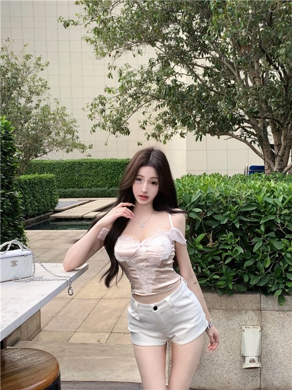 Bow Lace Fit Camisole Slim Top Crop Panel