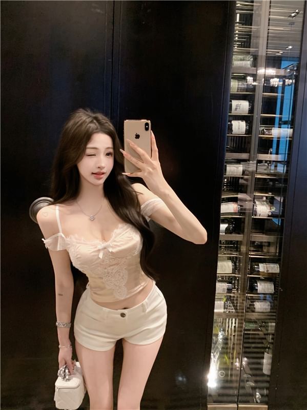 Bow Lace Fit Camisole Slim Top Crop Panel