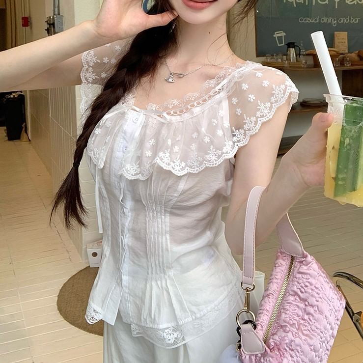 Fit Off-Shoulder Lace Panel Pintuck Cap-Sleeve Slim Blouse