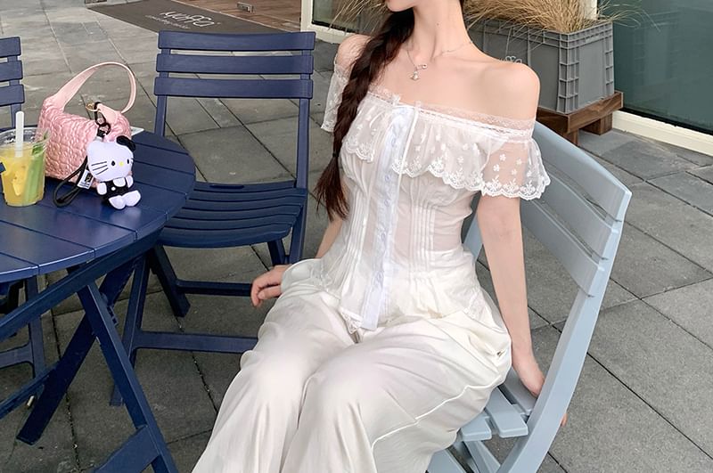 Fit Off-Shoulder Lace Panel Pintuck Cap-Sleeve Slim Blouse