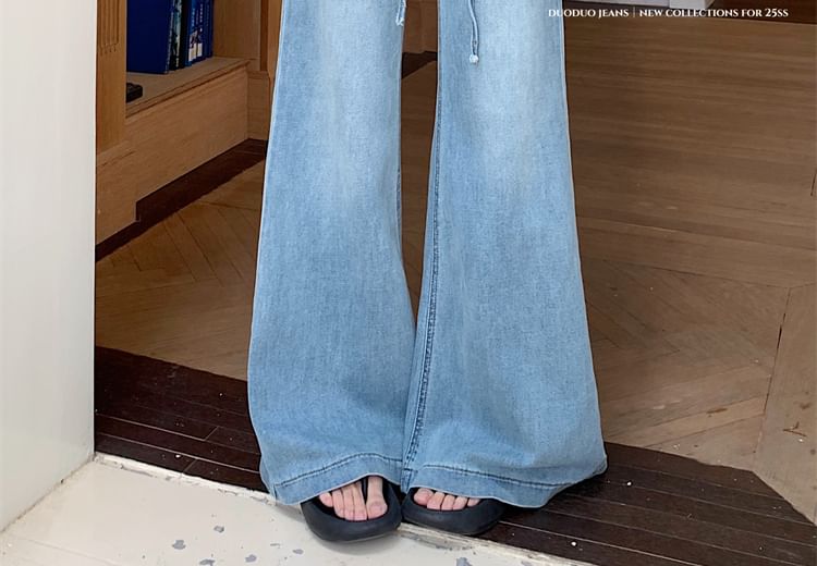 High Rise Washed Lace Panel Jeans Flared