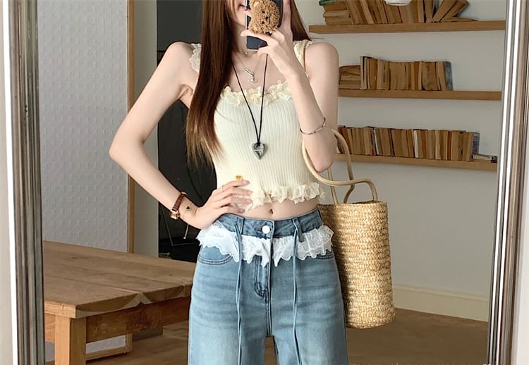 High Rise Washed Lace Panel Jeans Flared