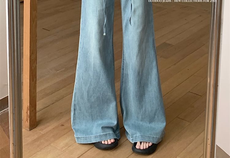 High Rise Washed Lace Panel Jeans Flared