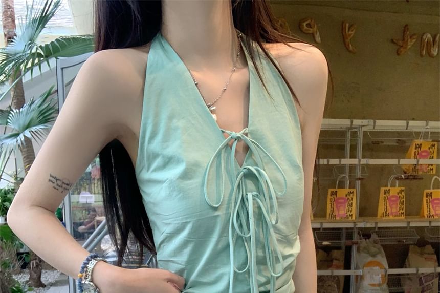 A-Line V-Neck Hem Mini Plain Halter Bubble Bow Skirt