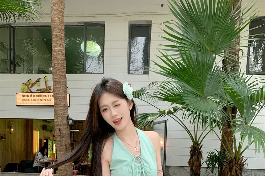 A-Line V-Neck Hem Mini Plain Halter Bubble Bow Skirt