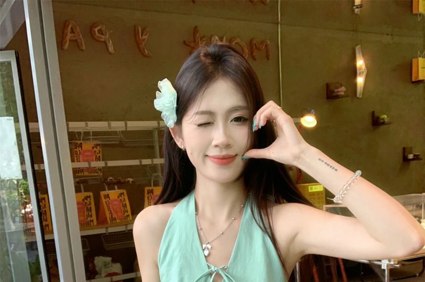 A-Line V-Neck Hem Mini Plain Halter Bubble Bow Skirt