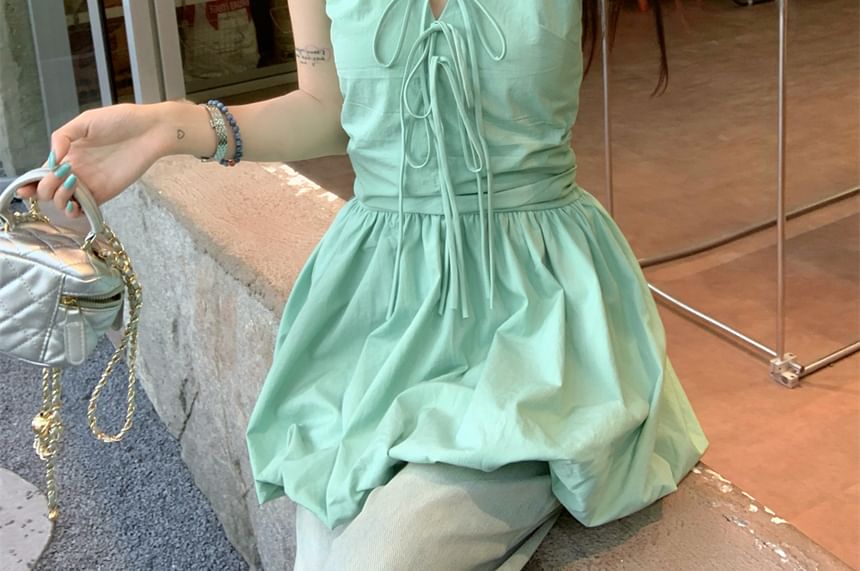 A-Line V-Neck Hem Mini Plain Halter Bubble Bow Skirt