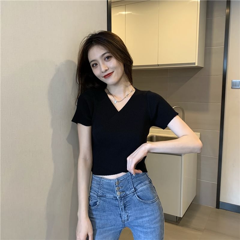 Ribbed Crop V-Neck Tee Asymmetrical Plain Short-Sleeve