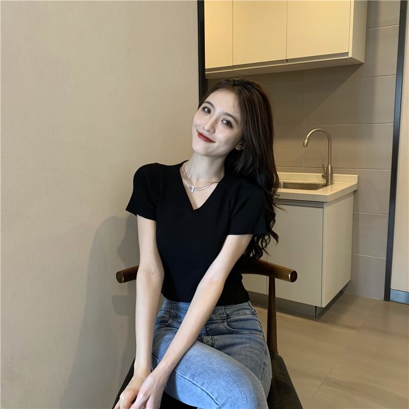 Ribbed Crop V-Neck Tee Asymmetrical Plain Short-Sleeve
