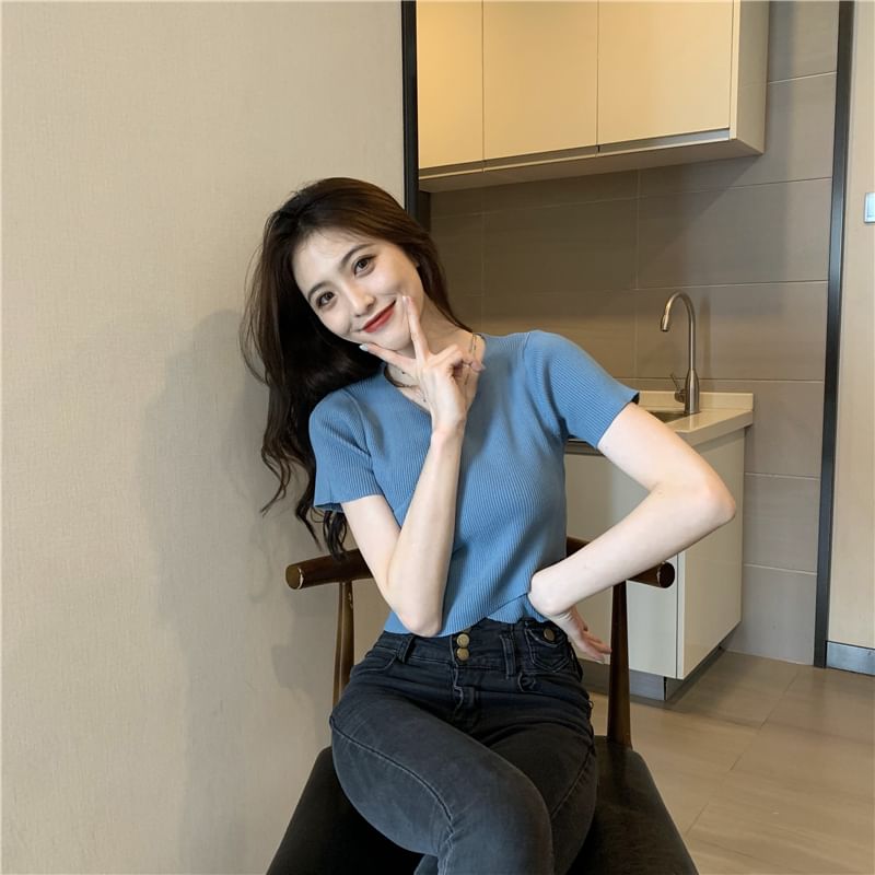 Ribbed Crop V-Neck Tee Asymmetrical Plain Short-Sleeve