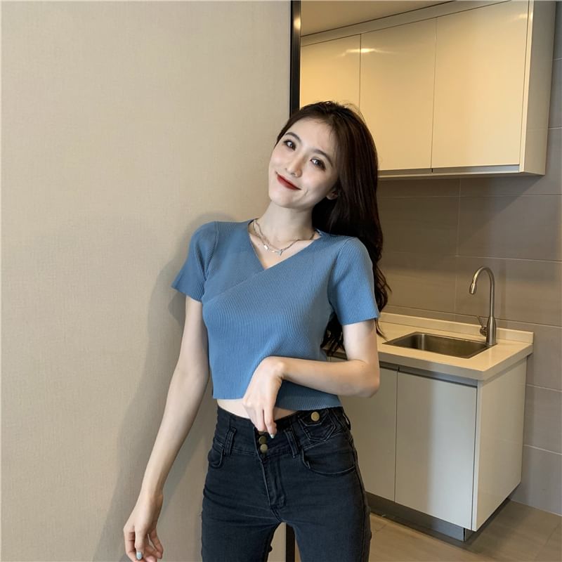 Ribbed Crop V-Neck Tee Asymmetrical Plain Short-Sleeve