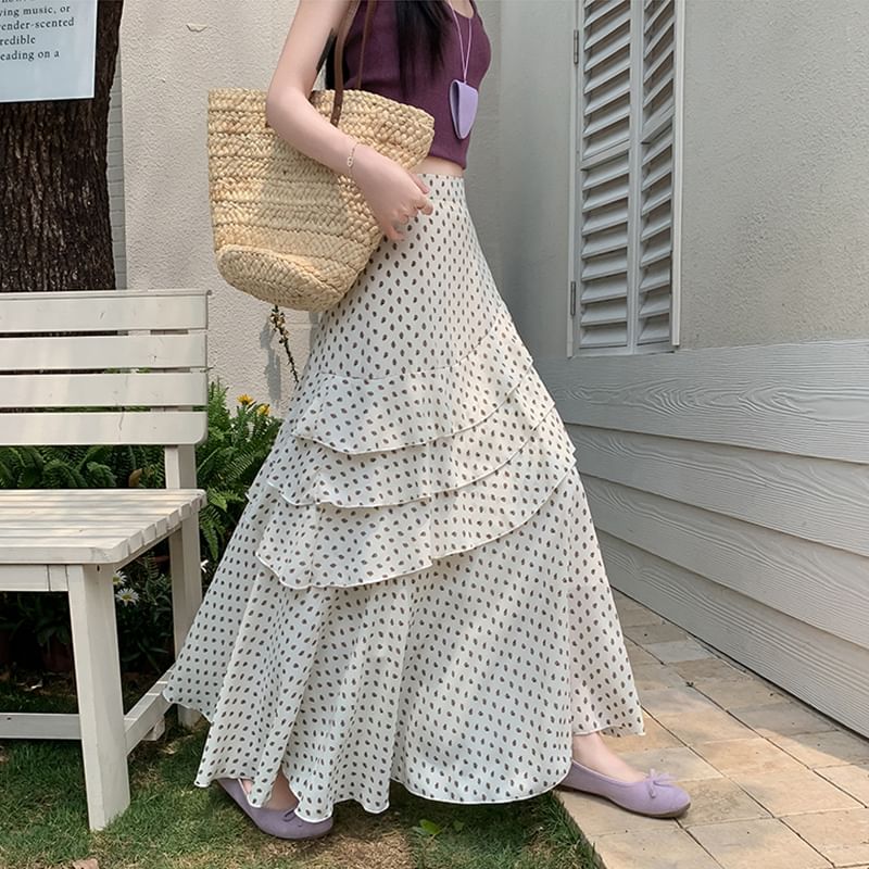 Midi Tiered Waist Skirt Floral A-Line High Asymmetrical