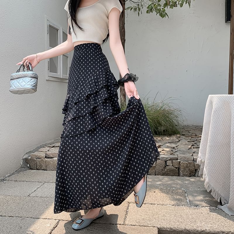 Midi Tiered Waist Skirt Floral A-Line High Asymmetrical