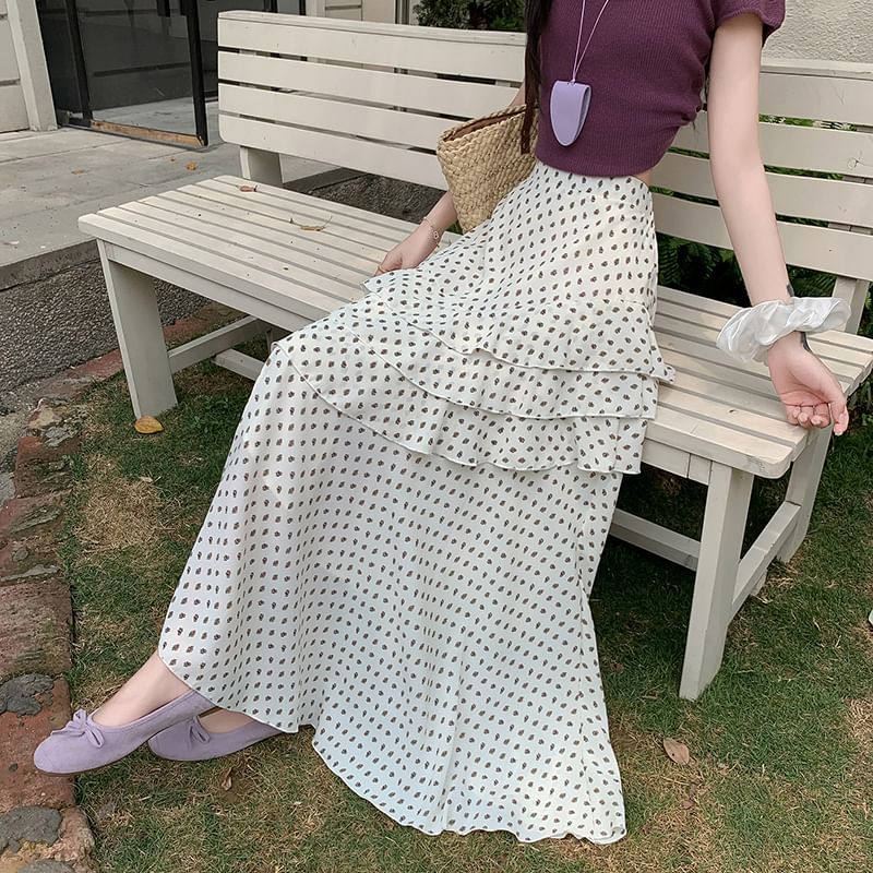 Midi Tiered Waist Skirt Floral A-Line High Asymmetrical