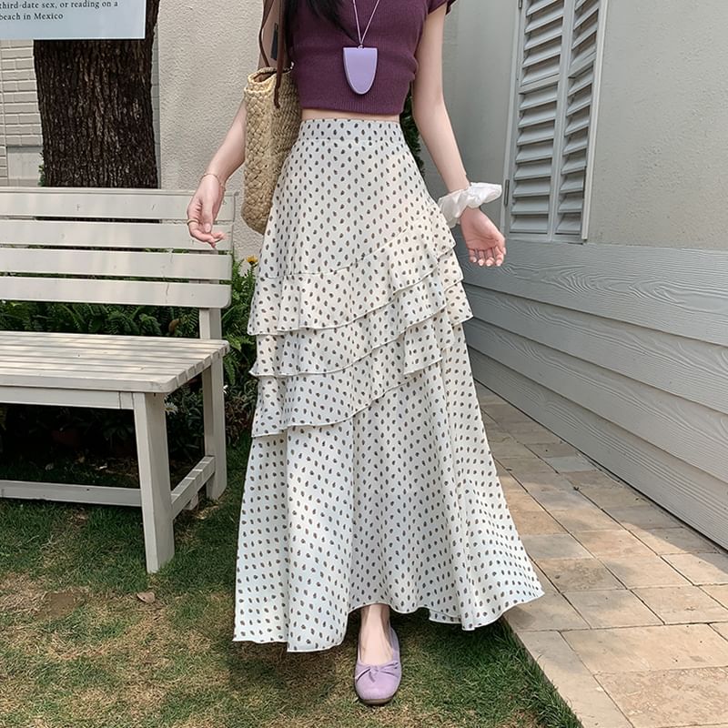 Midi Tiered Waist Skirt Floral A-Line High Asymmetrical