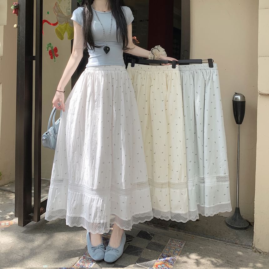 Elastic A-Line Waist Skirt Panel Midi Lace Floral