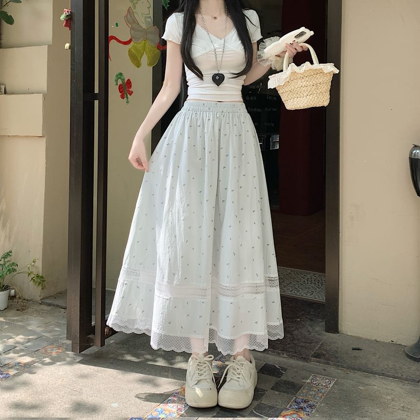 Elastic A-Line Waist Skirt Panel Midi Lace Floral