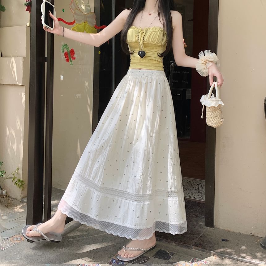 Elastic A-Line Waist Skirt Panel Midi Lace Floral