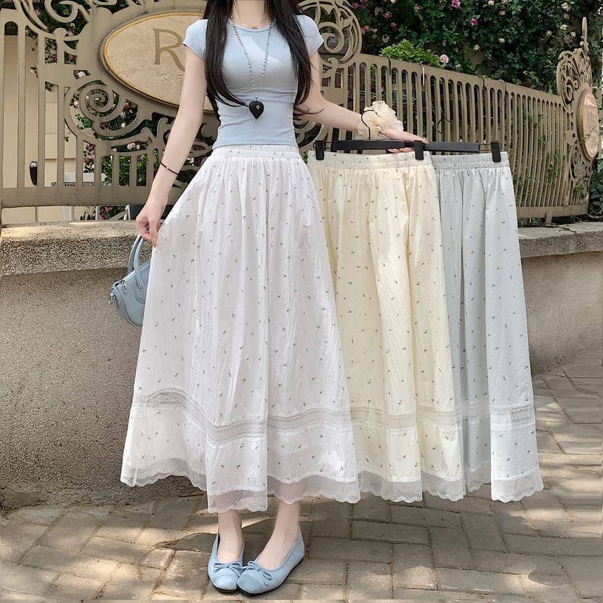 Elastic A-Line Waist Skirt Panel Midi Lace Floral