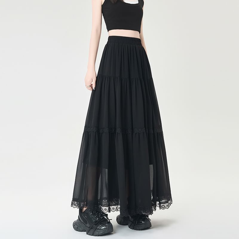 Trim Midi Plain A-Line Skirt Elastic Waist Lace Tiered
