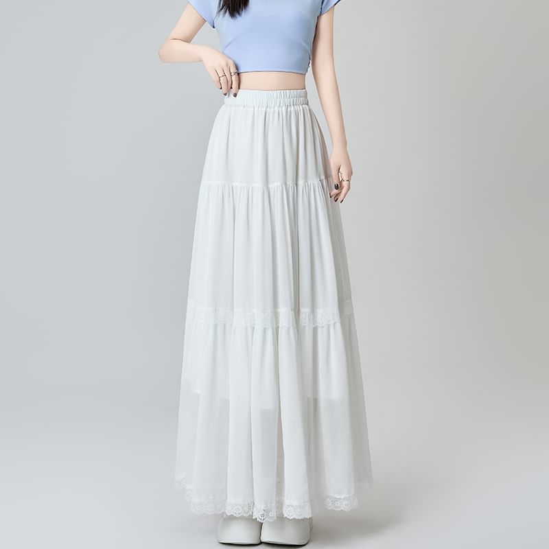 Trim Midi Plain A-Line Skirt Elastic Waist Lace Tiered