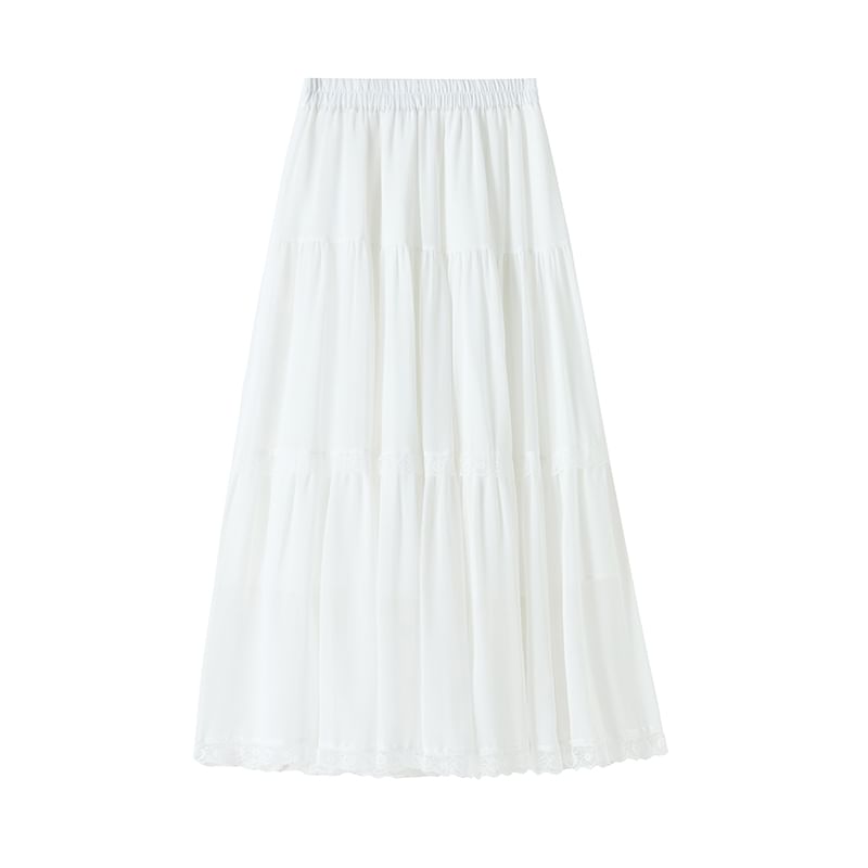 Trim Midi Plain A-Line Skirt Elastic Waist Lace Tiered