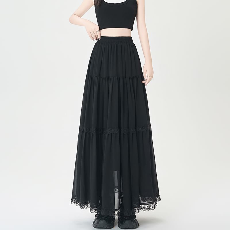 Trim Midi Plain A-Line Skirt Elastic Waist Lace Tiered