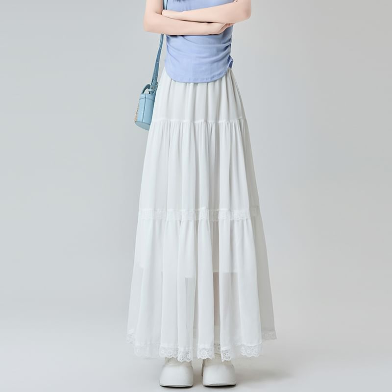 Trim Midi Plain A-Line Skirt Elastic Waist Lace Tiered