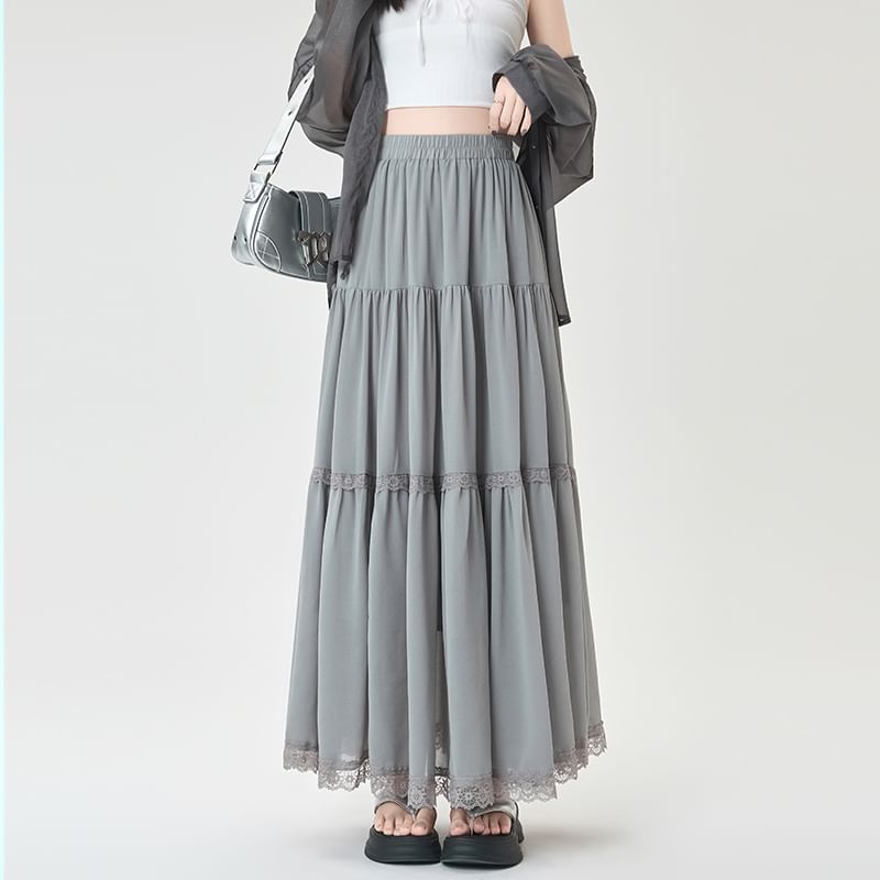 Trim Midi Plain A-Line Skirt Elastic Waist Lace Tiered