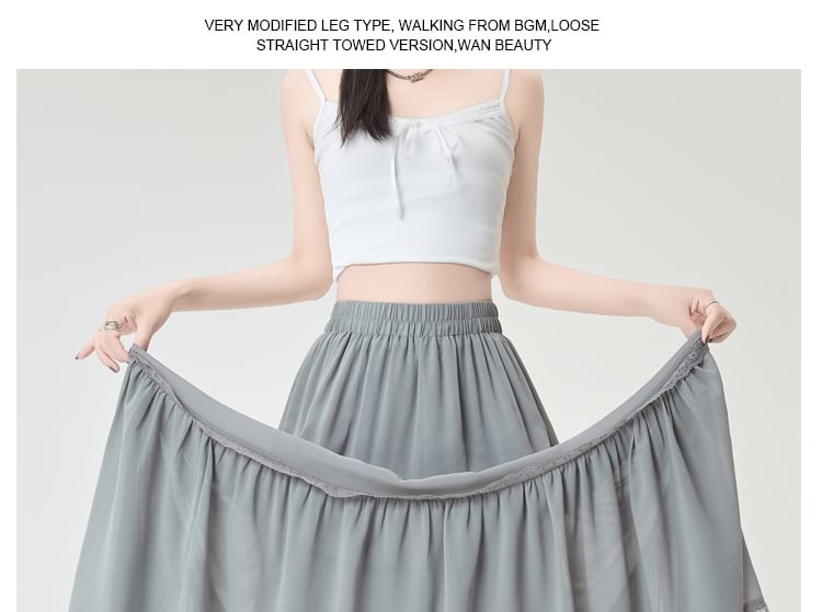 Trim Midi Plain A-Line Skirt Elastic Waist Lace Tiered