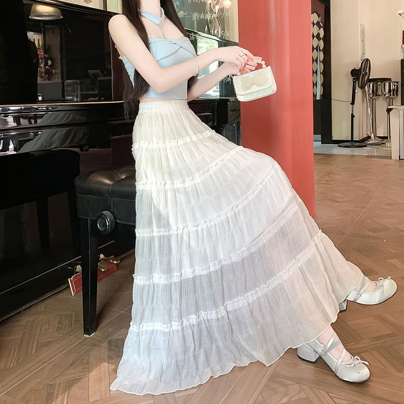 Tiered Mesh Midi Elastic A-Line Waist Skirt Plain