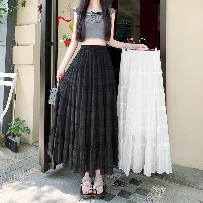 Tiered Mesh Midi Elastic A-Line Waist Skirt Plain