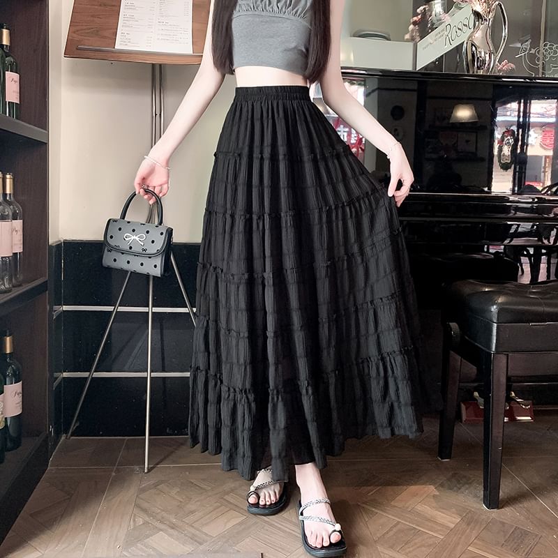 Tiered Mesh Midi Elastic A-Line Waist Skirt Plain