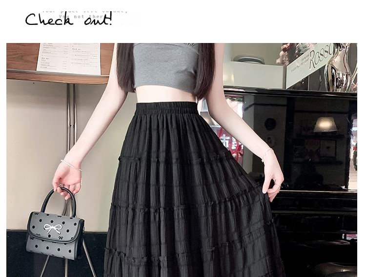 Tiered Mesh Midi Elastic A-Line Waist Skirt Plain