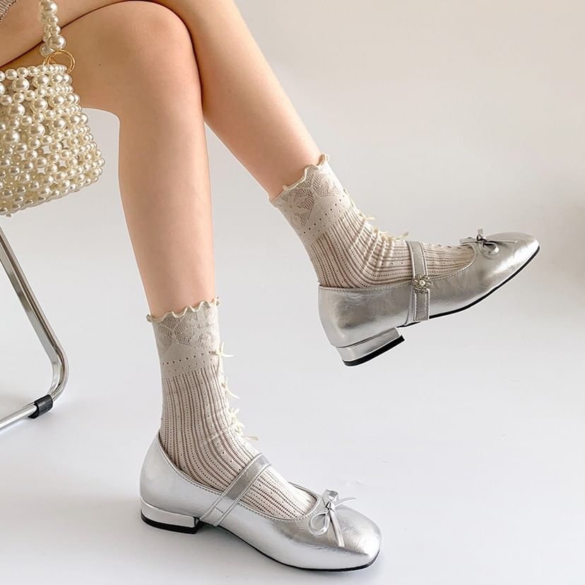 Leather Mary Heel Square Bow Jane Low Pumps Faux Toe