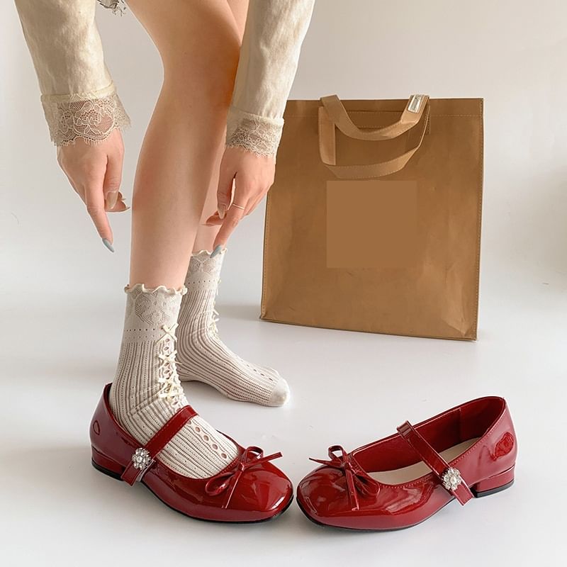 Leather Mary Heel Square Bow Jane Low Pumps Faux Toe