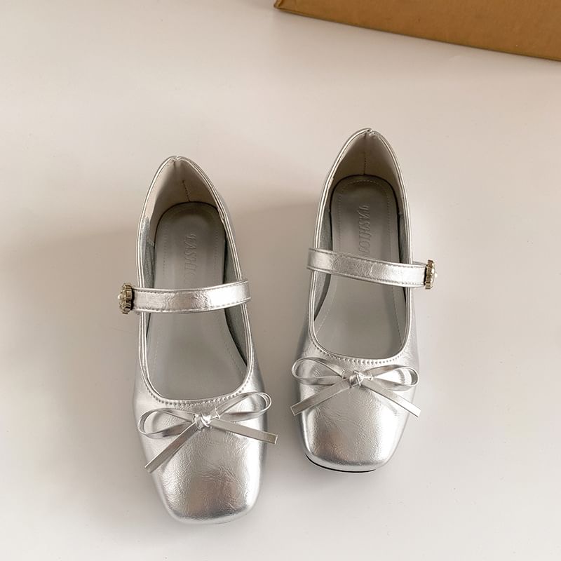 Leather Mary Heel Square Bow Jane Low Pumps Faux Toe