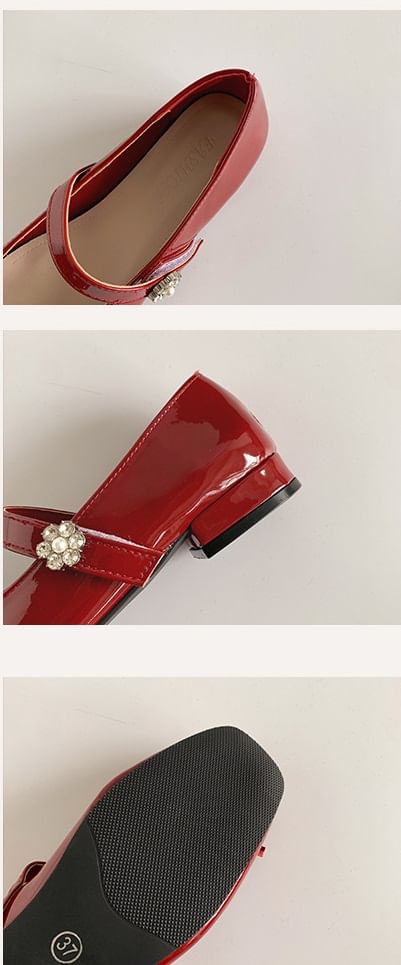 Leather Mary Heel Square Bow Jane Low Pumps Faux Toe