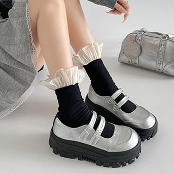 Platform Mary Leather Shoes Faux Jane Strap Adhesive