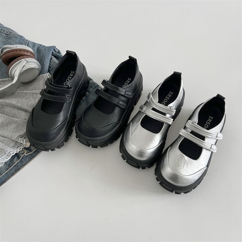 Platform Mary Leather Shoes Faux Jane Strap Adhesive