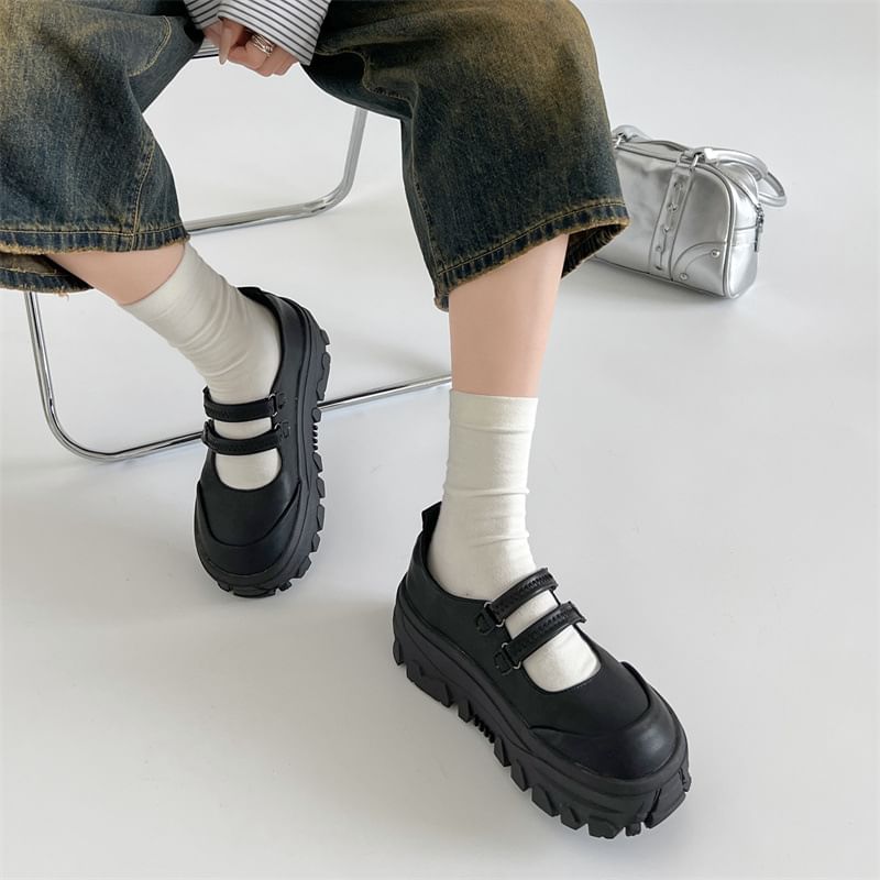 Platform Mary Leather Shoes Faux Jane Strap Adhesive
