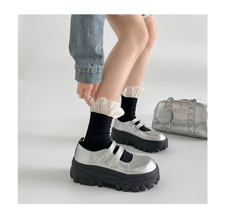 Platform Mary Leather Shoes Faux Jane Strap Adhesive